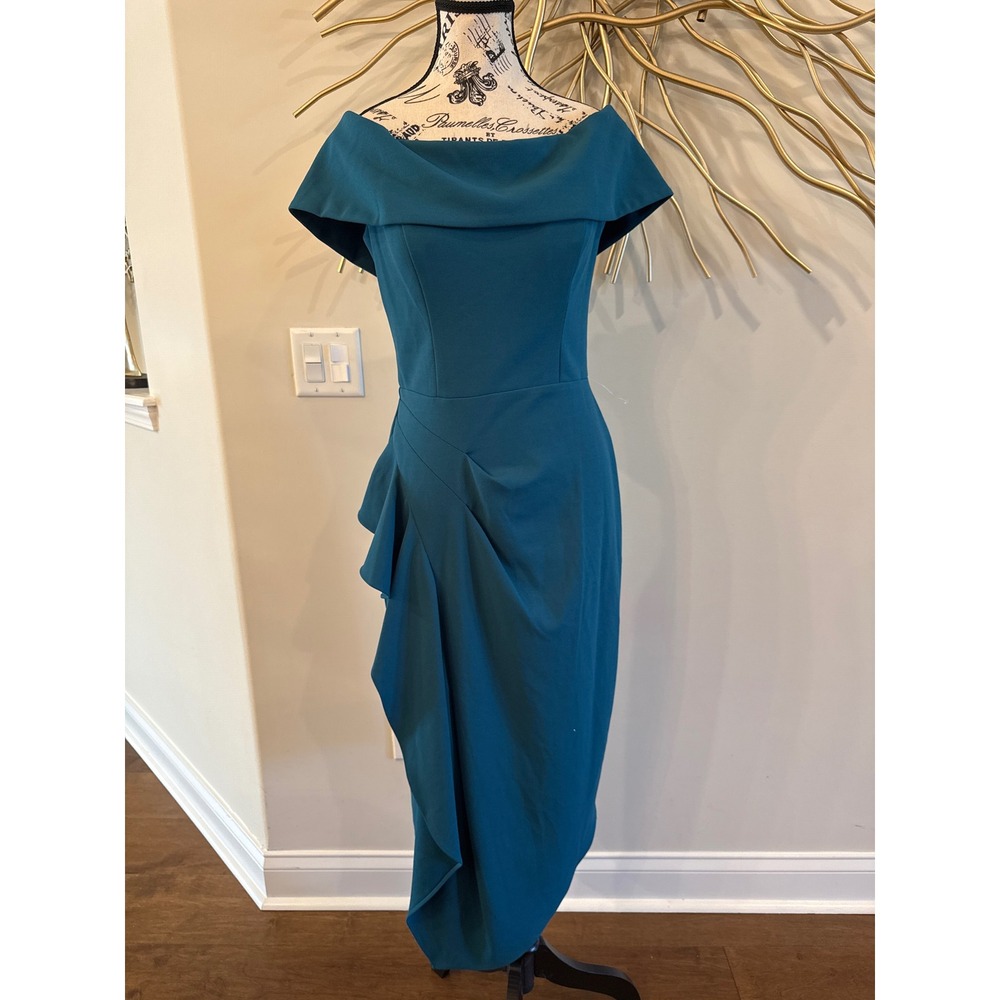 Teal Off The Shoulder Ruffle Sheath Cocktail Dress Midi Formal Gown